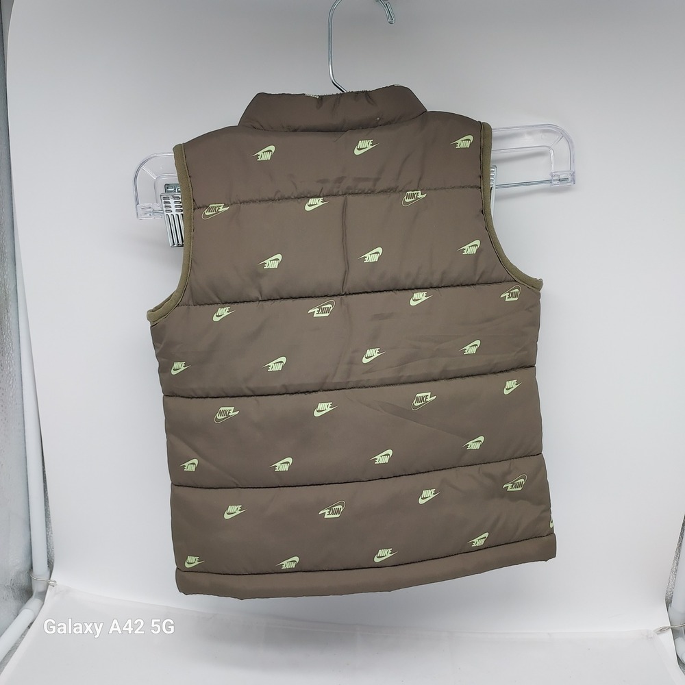 Nike Toddler Puffer Vest Olive Brown Neon Green Logo Print Full Zip 24M L644-E6F - Picture 5 of 5